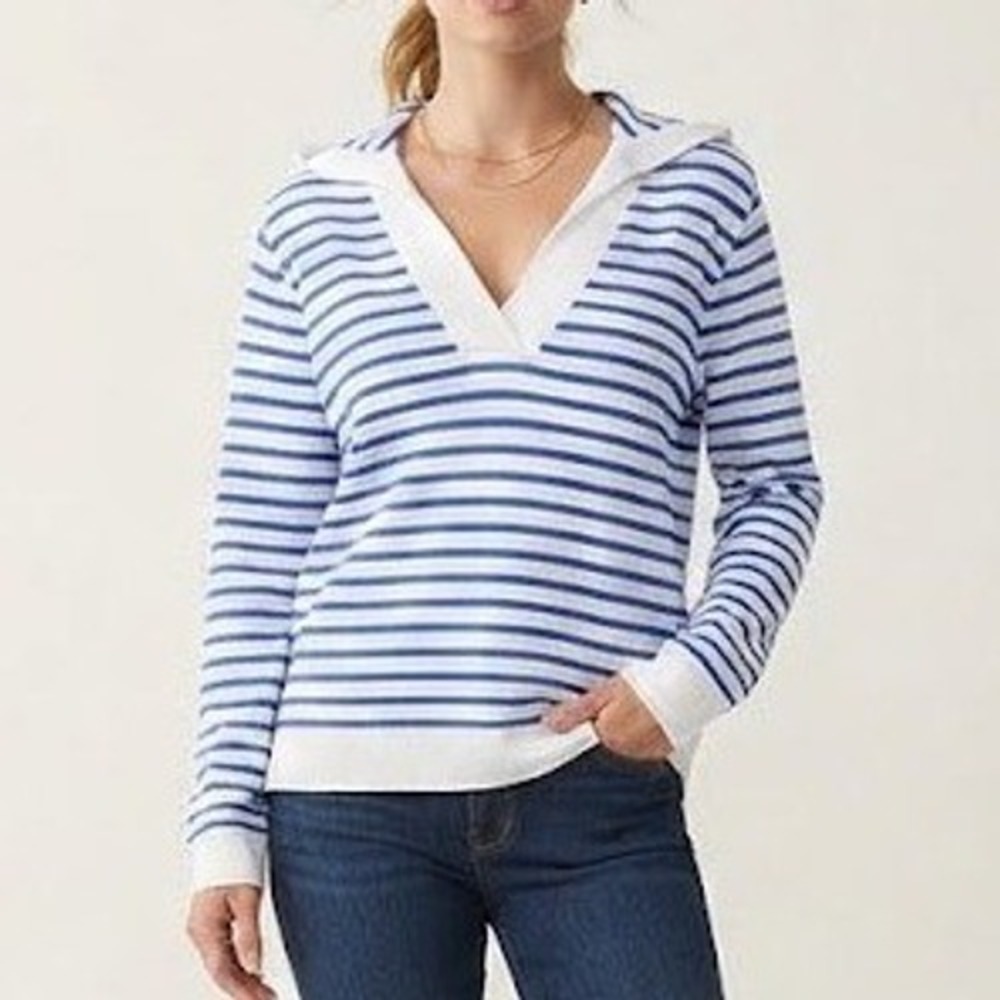 Tommy Bahama Drumm Stripe Hoodie Womens S Blue NWT Cotton V-Neck TW40622